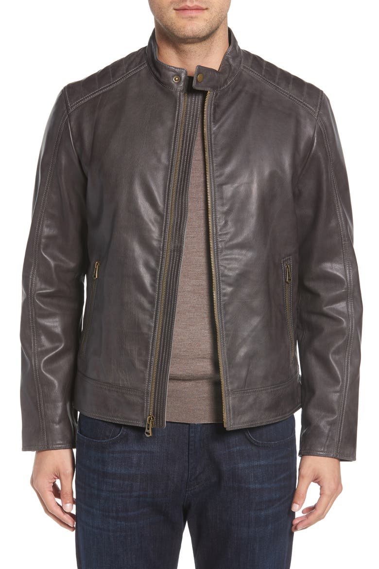 Washed Leather Moto Jacket, Main, color, GREY