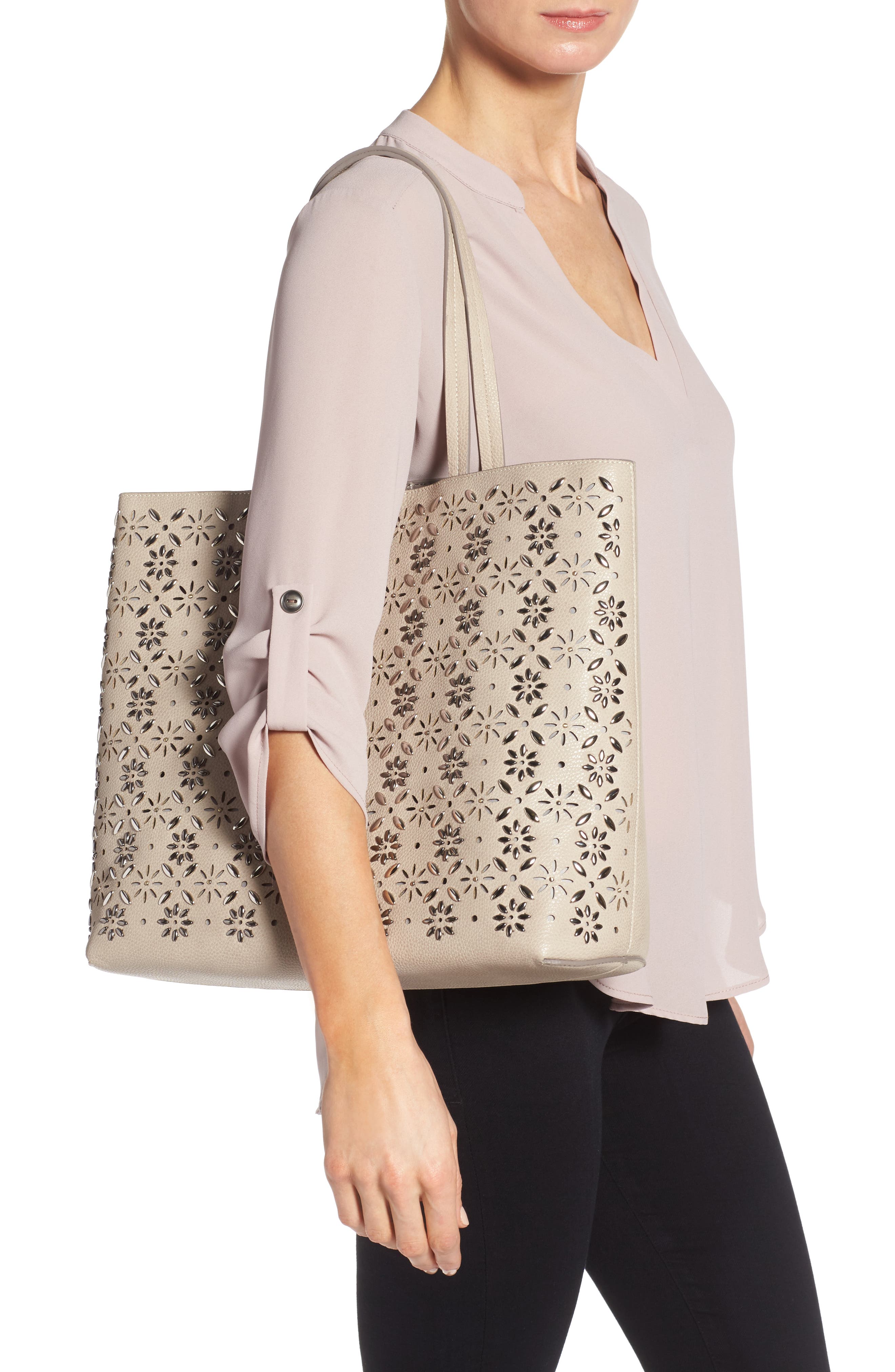 Kaylee Embellished Faux Leather Tote, Alternate, color, GREY FLINT