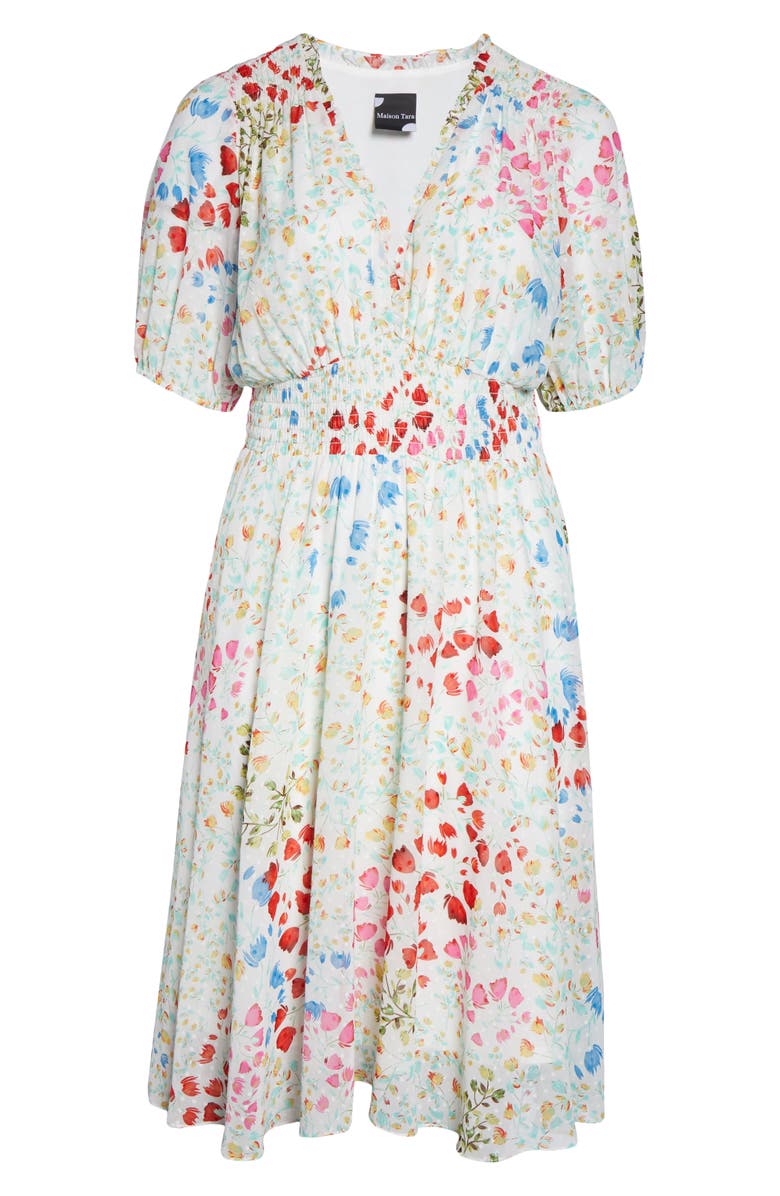 Maison Tara Smocked Floral Clip Dot Chiffon Dress, Alternate, color,