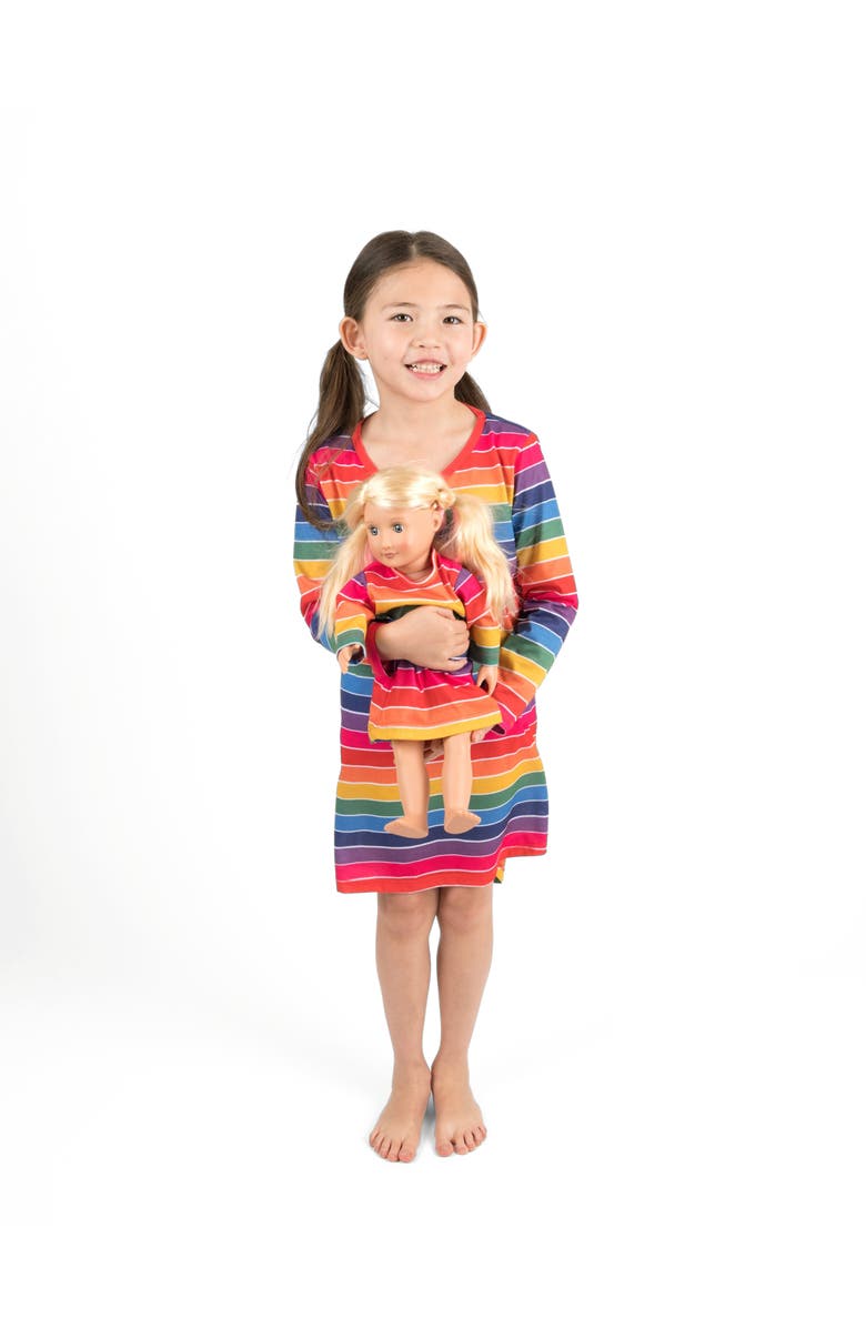Leveret Girls Long Sleeve Nightgown with Matching Doll Nightgown, Printed Design, Main, color, Striped Colorful