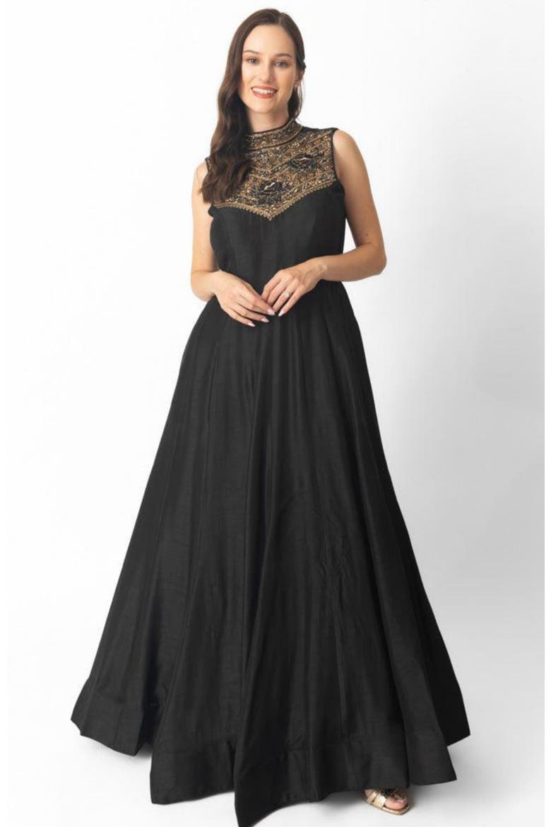 Zuri Embroidered High Neck Gown, Main, color, Black