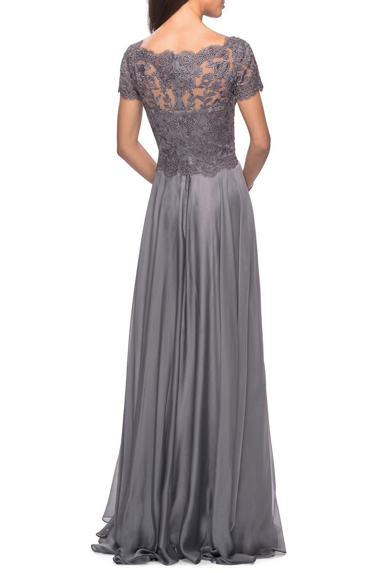 Embroidered Lace & Chiffon A-Line Gown, Alternate, color, PLATINUM