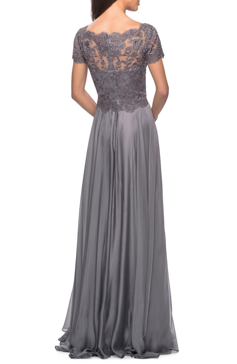 La Femme Embroidered Lace & Chiffon A-Line Gown, Alternate, color,
