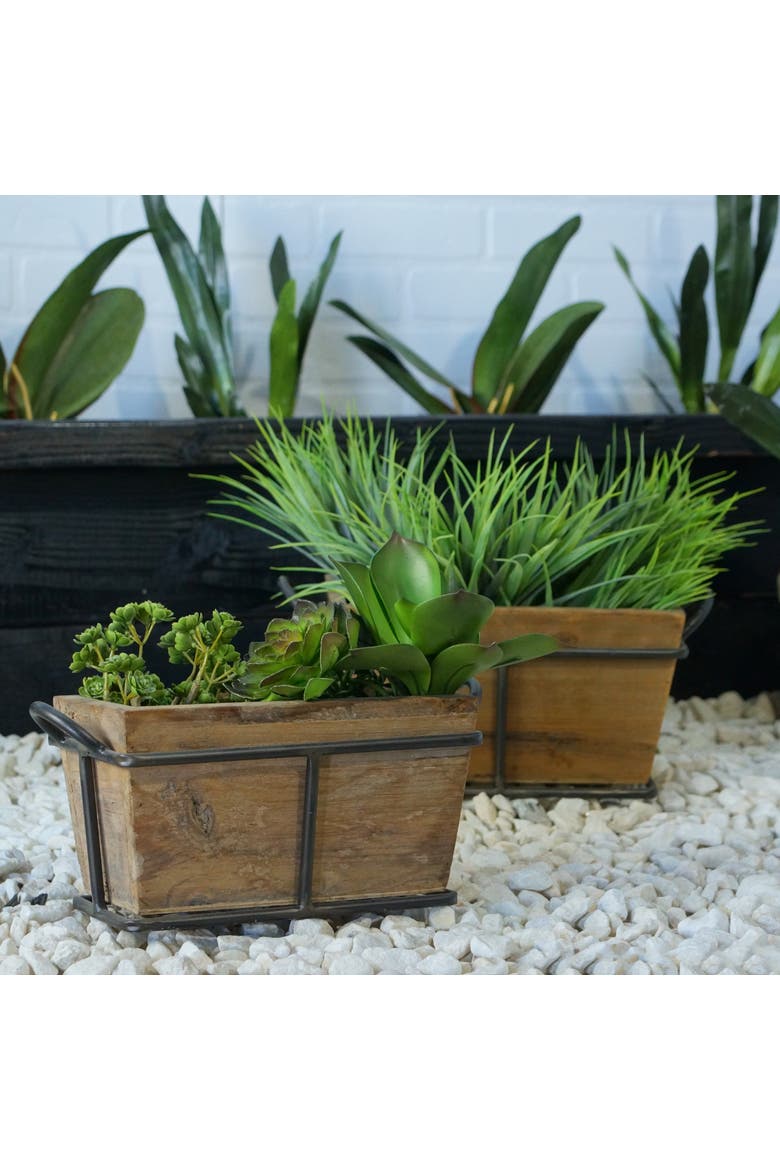 Wood Brown Metal Framed Wood Planters Set of 2, 15.78 Inch Decorative Indoor Planters, Alternate, color, Brown