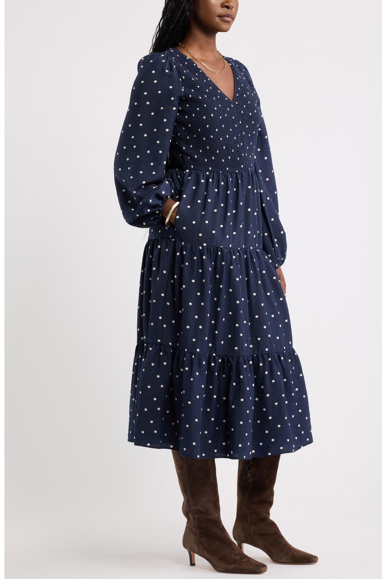 Smocked Long Sleeve Midi Dress, Alternate, color, NAVY IVORY TOSS DOT