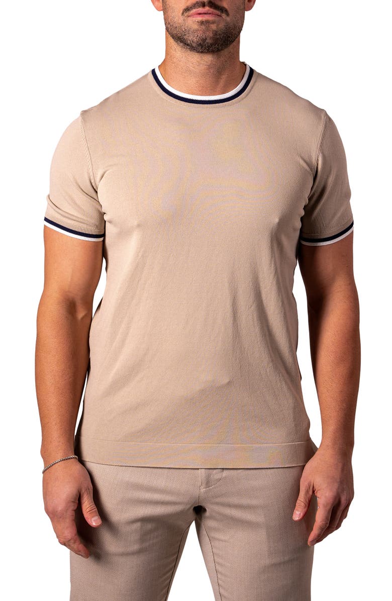 Maceoo Tipped Short Sleeve Sweater, Main, color, Light Brown