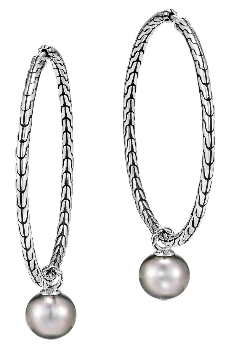 Classic Chain Tahitian Pearl Hoop Earrings, Main, color, SILVER/ TAHITIAN PEARL