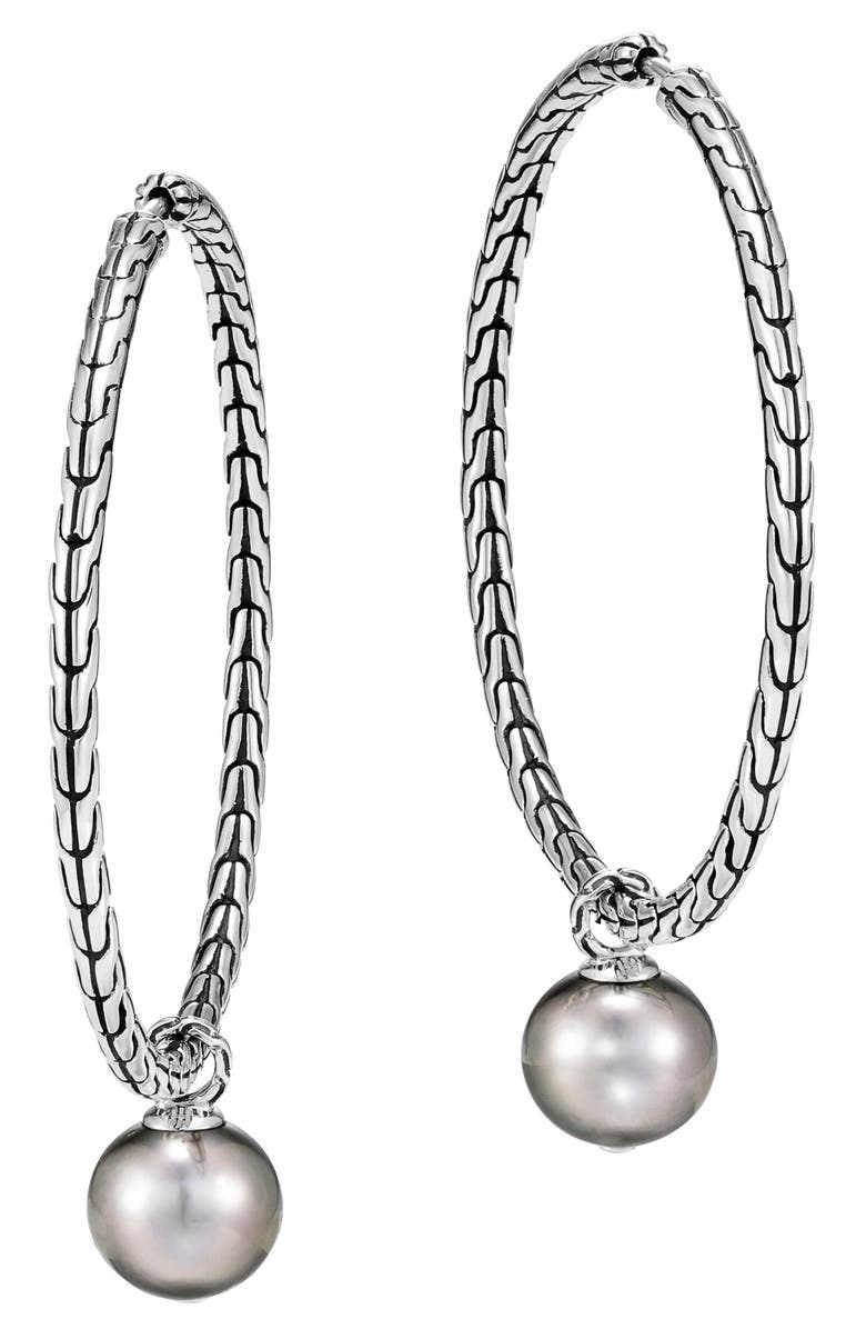 John Hardy Classic Chain Tahitian Pearl Hoop Earrings, Main, color, 