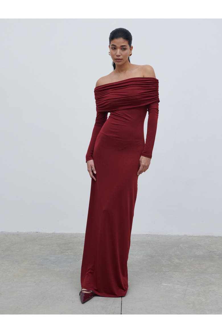 Perrie Bardot Jersey Maxi Dress, Alternate, color, Burgundy