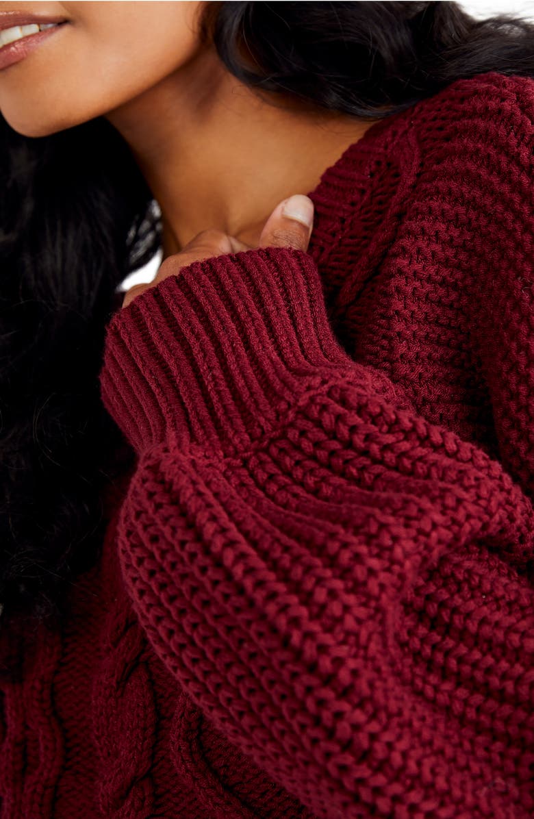 Free People Dream Cable Crewneck Sweater, Alternate, color, Cabernet