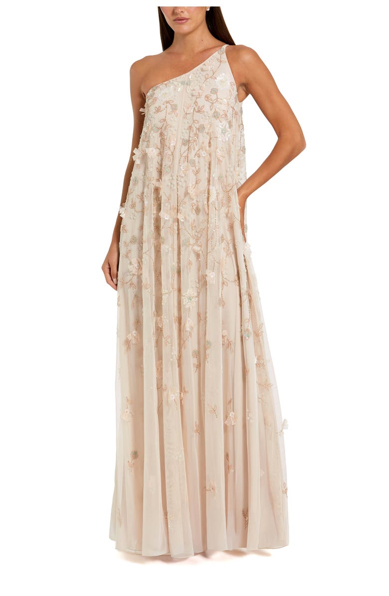 Mac Duggal Floral Embellished Mesh One Shoulder Kaftan Gown, Main, color, Vanilla