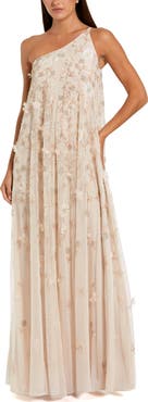 Mac Duggal Floral Embellished Mesh One Shoulder Kaftan Gown
