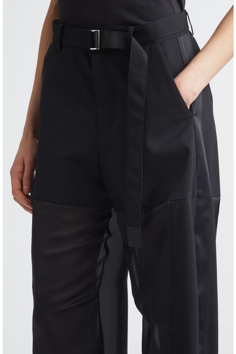 Belted Wool Suiting & Satin Barrel Leg Pants, Alternate, color, BLACK
