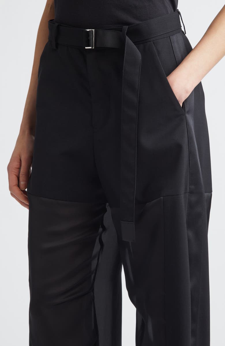 Sacai Belted Wool Suiting & Satin Barrel Leg Pants, Alternate, color, Black