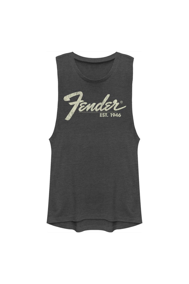 Junior's Distressed Logo Festival Muscle Graphic T-Shirt, Main, color, Charcoal