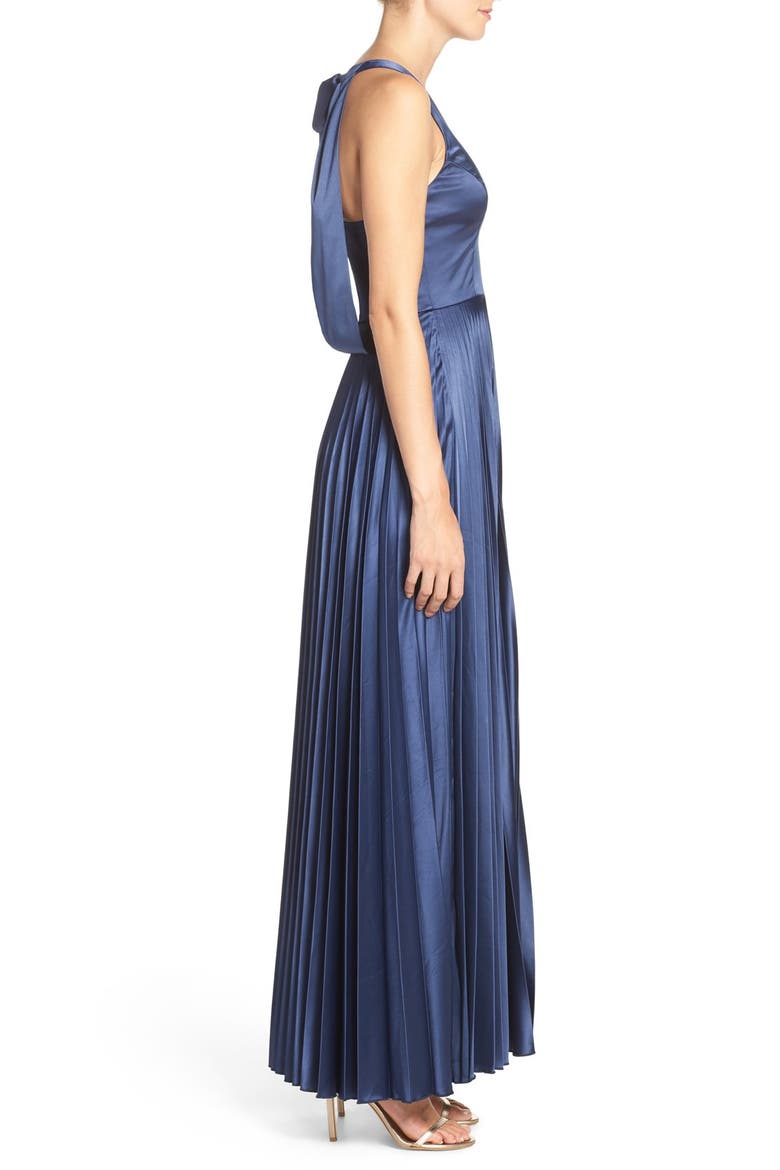 Bow Back Pleat Satin Gown, Alternate, color, NAVY