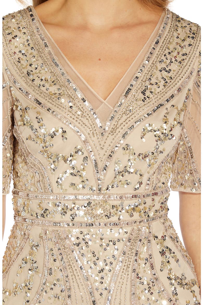 Beaded Sequin V-Neck Cocktail Midi Dress, Alternate, color, BISCOTTI
