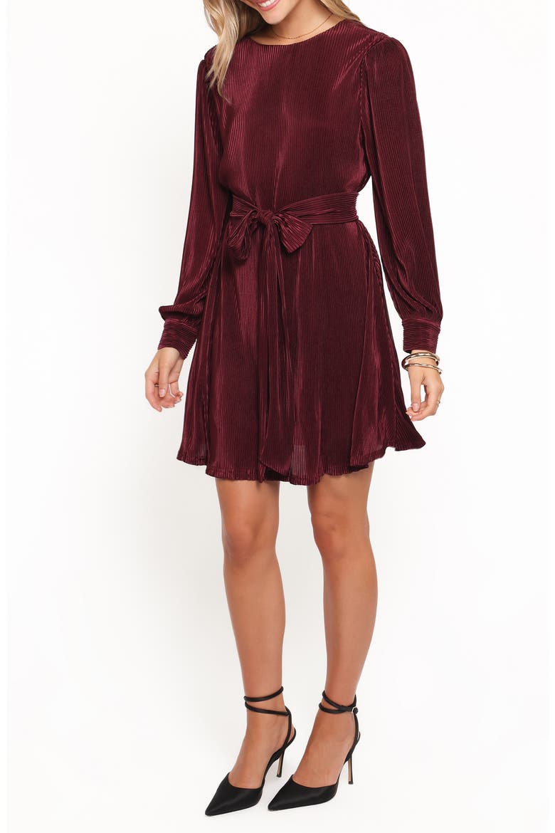 Joy Long Sleeve Plissé Minidress, Alternate, color, BURGUNDY