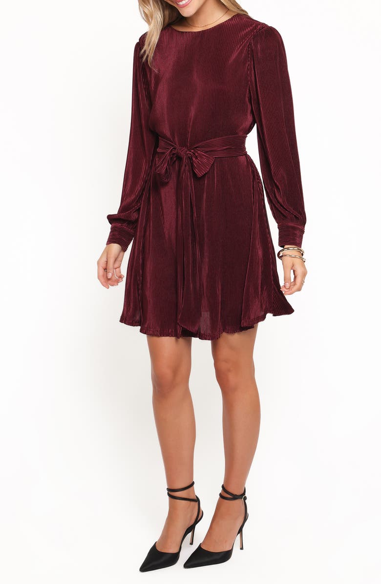 Petal & Pup Joy Long Sleeve Plissé Minidress, Alternate, color, Burgundy