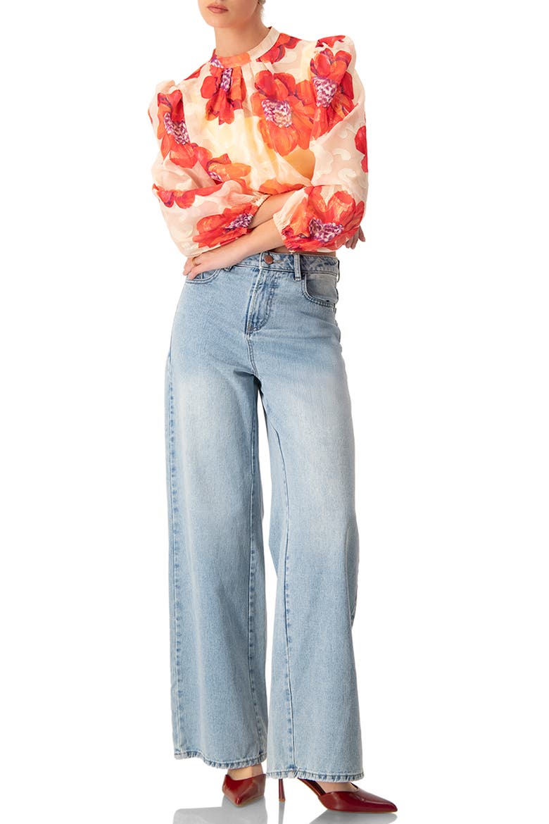 Shimmering Printed Blouse with Pleated Round Neck, Alternate, color, Ivory