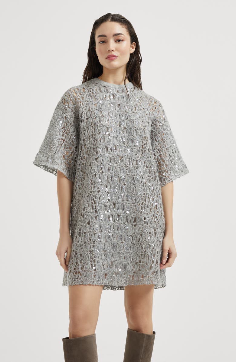 Brunello Cucinelli Dazzling croc embroidery dress, Alternate, color, Light Grey