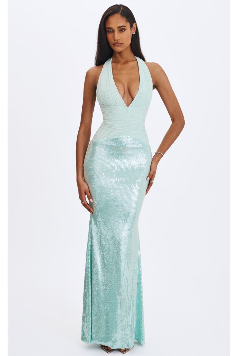 Wendale Sequin Plunging Mermaid Maxi Dress, Main, color, Mint