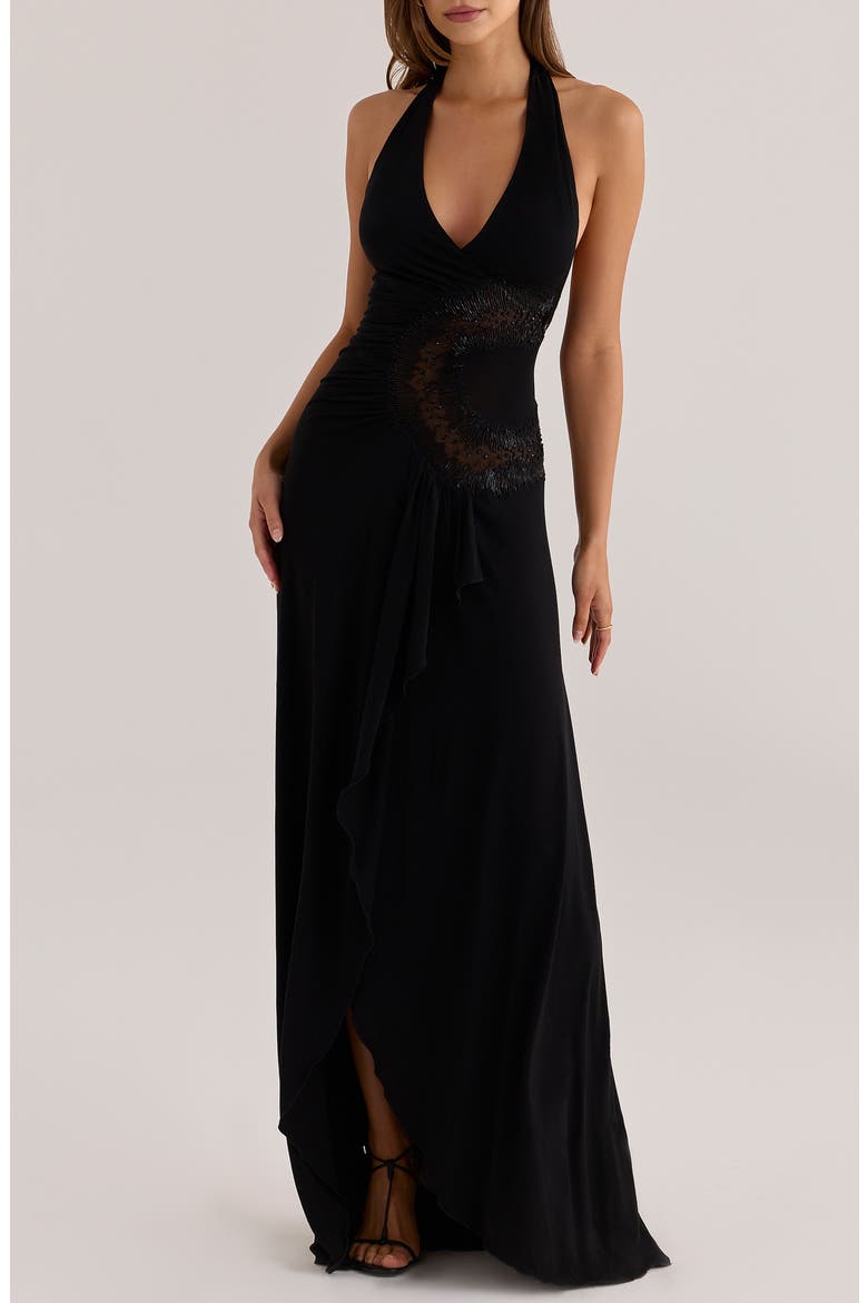 Natalina Beaded Cutout Halter Jersey Gown, Alternate, color, BLACK