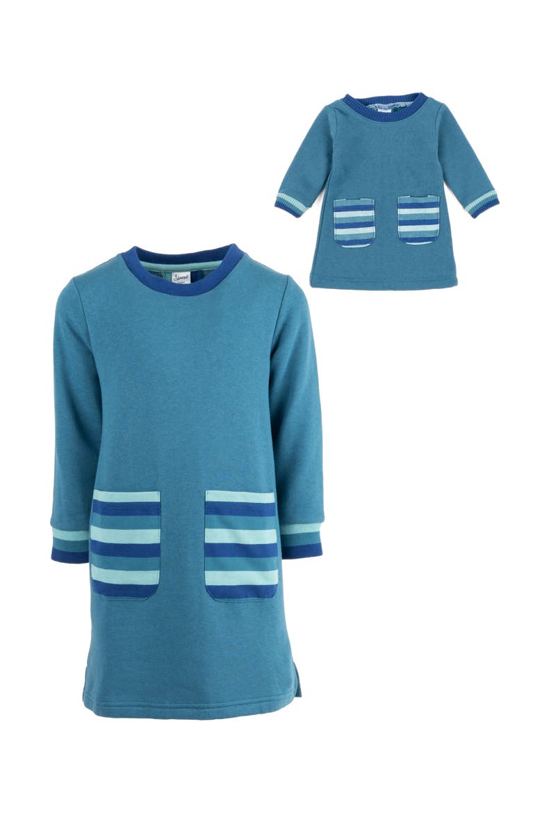 Girls Sweatshirt Dress with Matching Doll Dress, Alternate, color, TEAL BLUE
