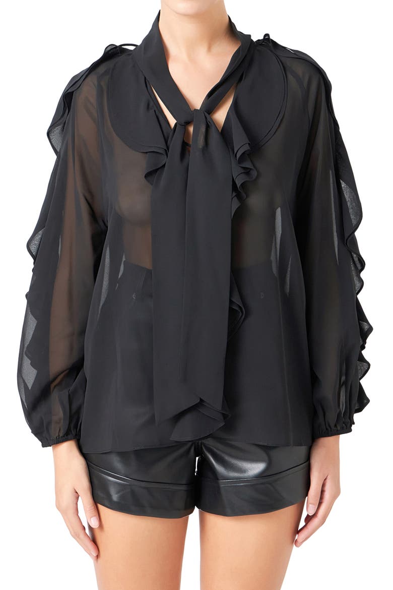 Sheer Chiffon Ruffle Shirt, Alternate, color, BLACK