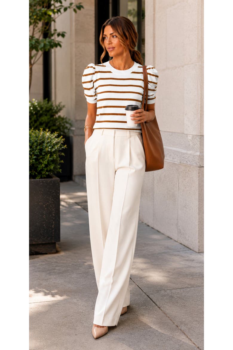 Striped Puff Sleeve Knit Top, Alternate, color, Brown