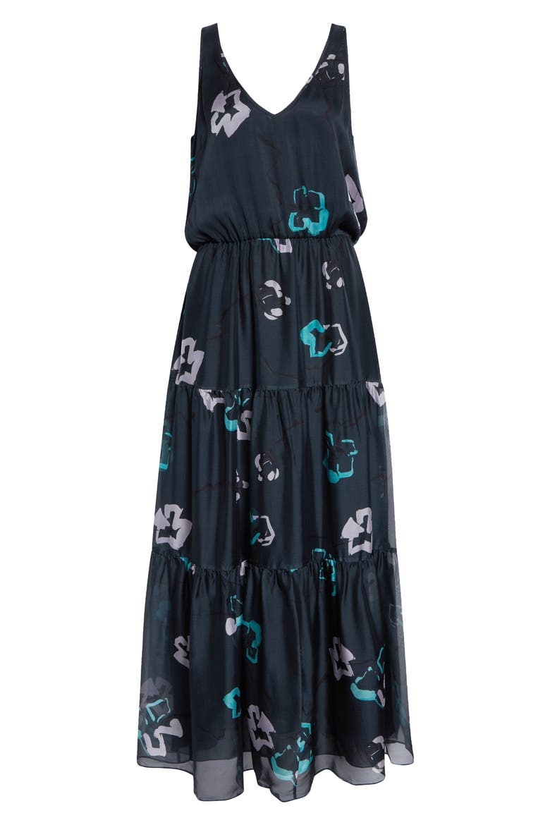 Silk Tiered Midi Dress, Main, color, NAVY