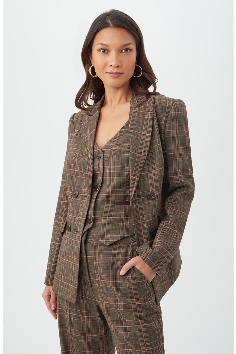 Cassy Plaid Faux Leather Trim Double Breasted Blazer, Alternate, color, BROWN MULTI