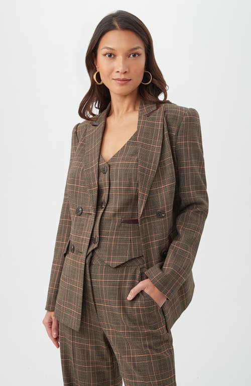 Trina Turk Cassy Plaid Faux Leather Trim Double Breasted Blazer In Multi