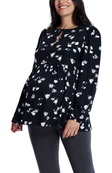 Long Sleeve Empire Waist Keyhole Woven Blouse