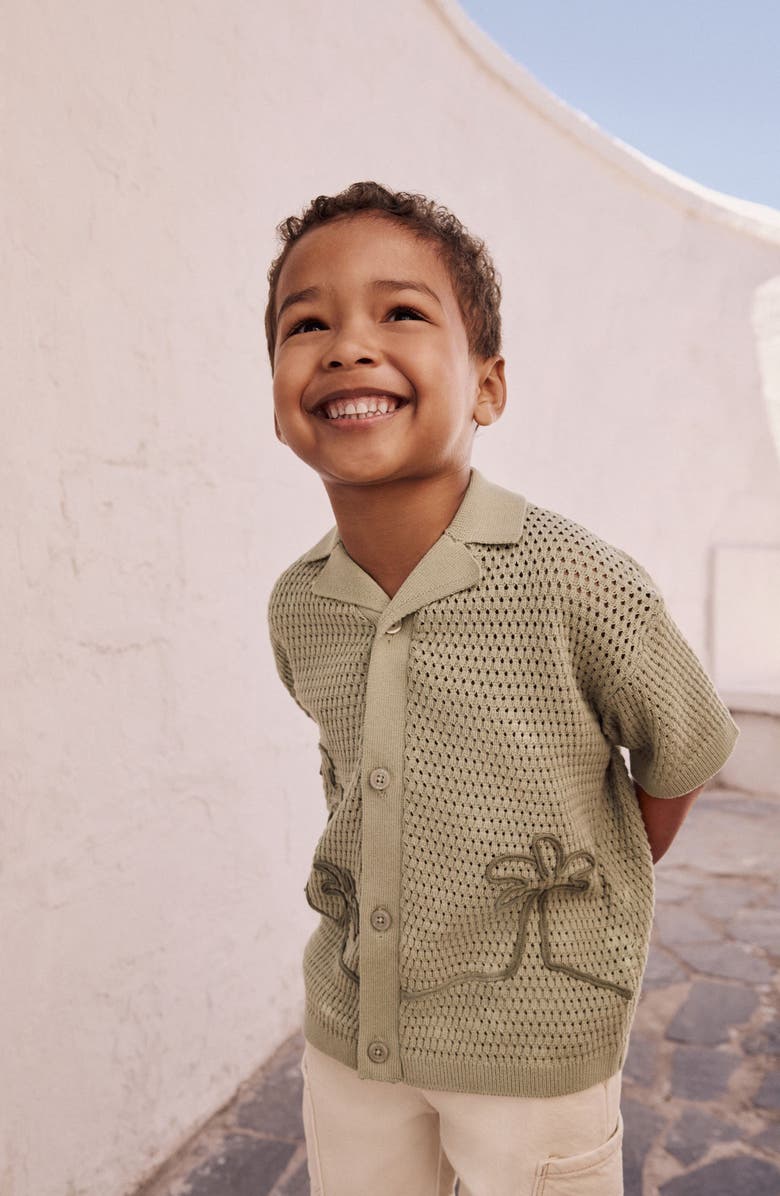 NEXT Kids' Palm Tree Embroidered Open Stitch Cotton Polo Sweater, Alternate, color, Green