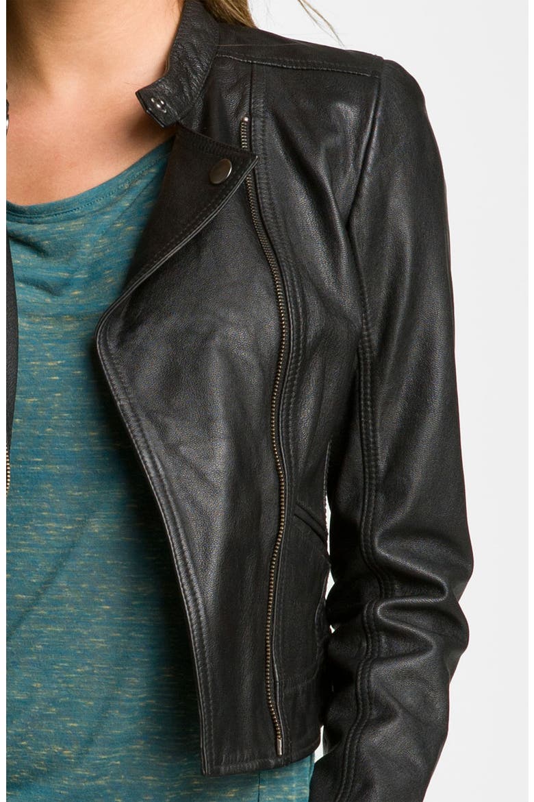 Crop Leather Biker Jacket, Alternate, color, BLACK