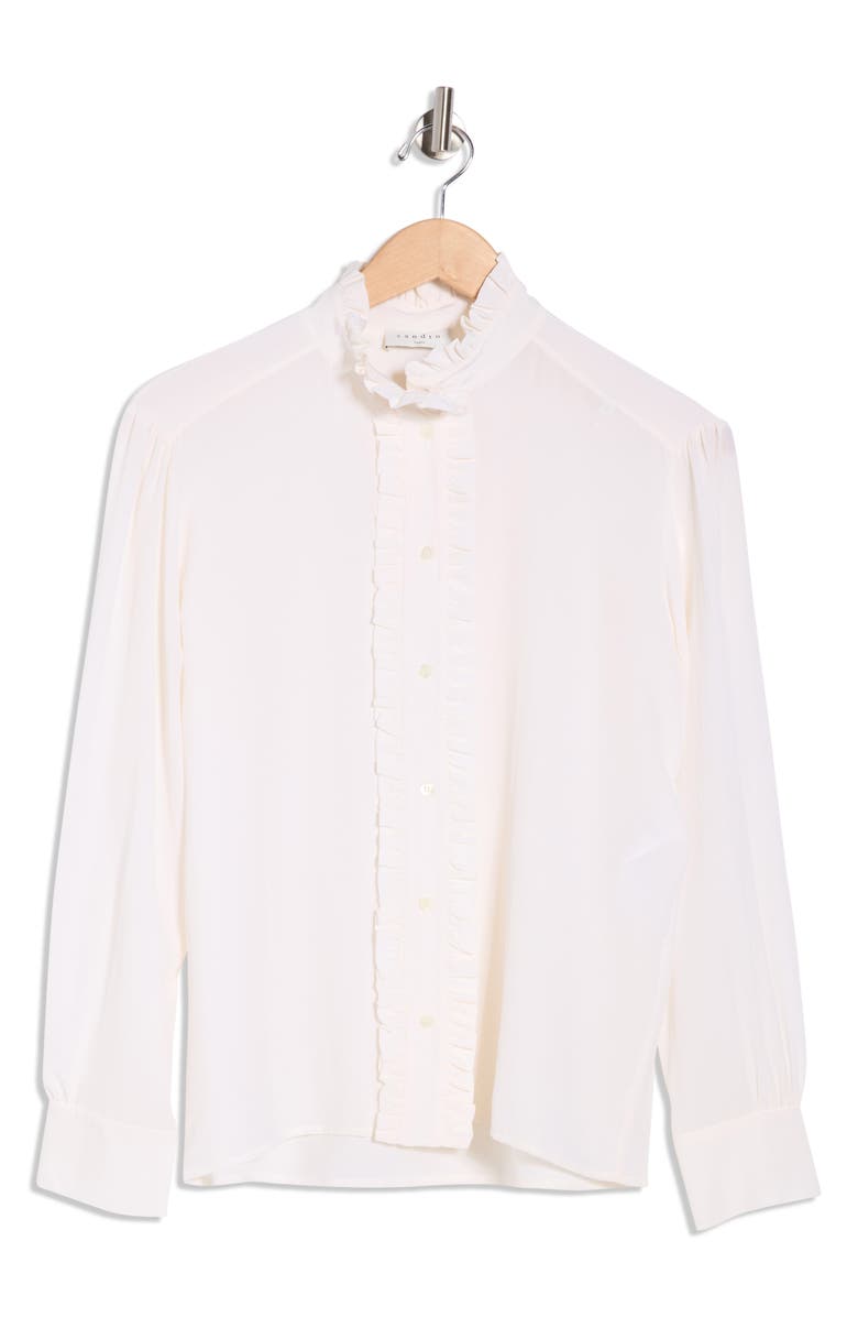 SANDRO Patie Ruffle Silk Button-Up Shirt, Alternate, color, Blanc