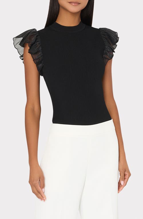 Milly Ribbed Chiffon Flutter-sleeve Top In Black