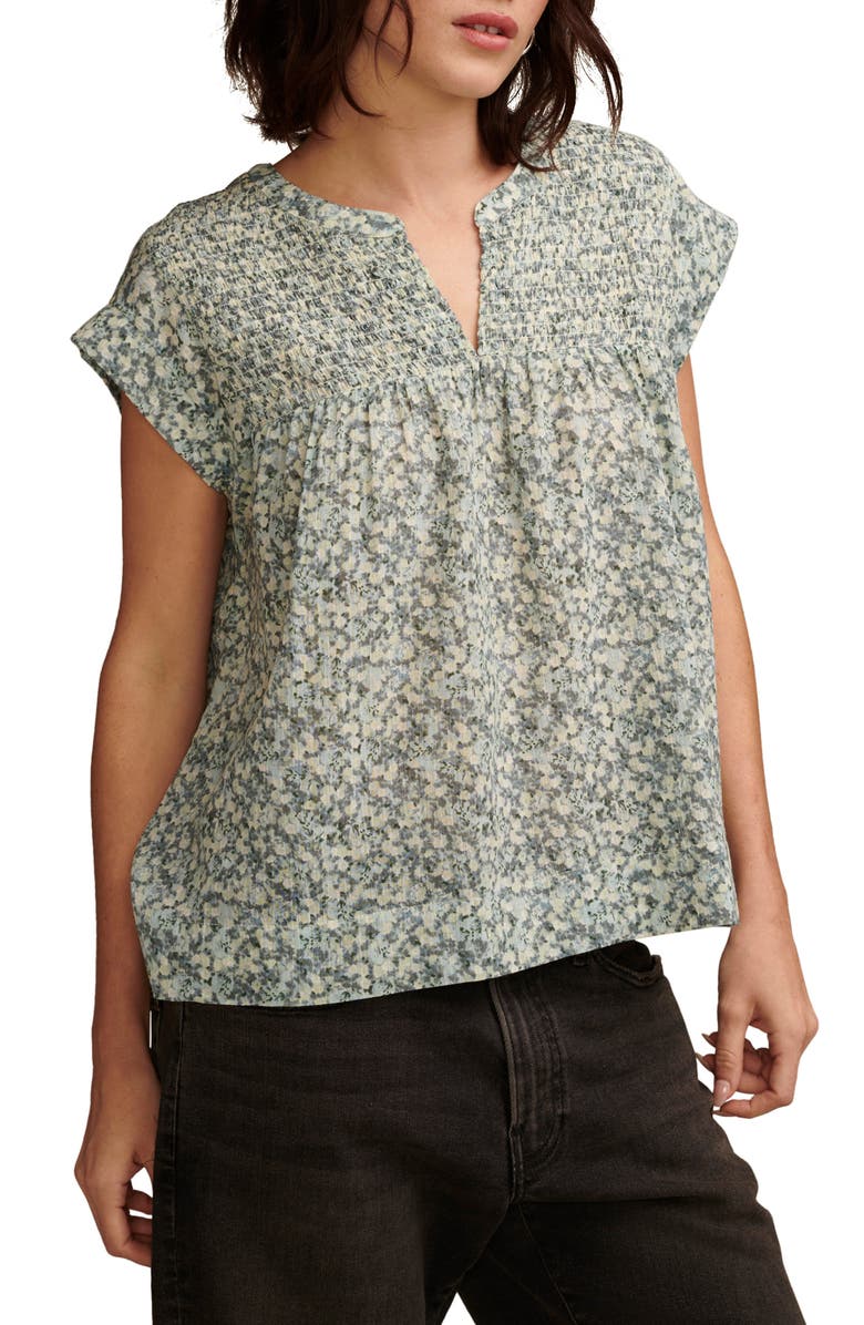 Lucky Brand Print Smocked Top, Alternate, color, Aqua Multi