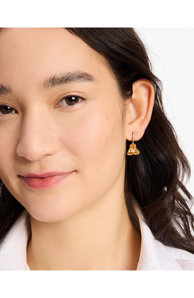 Kate Spade New York precious pansy drop huggie earrings, Alternate, color, Gold.