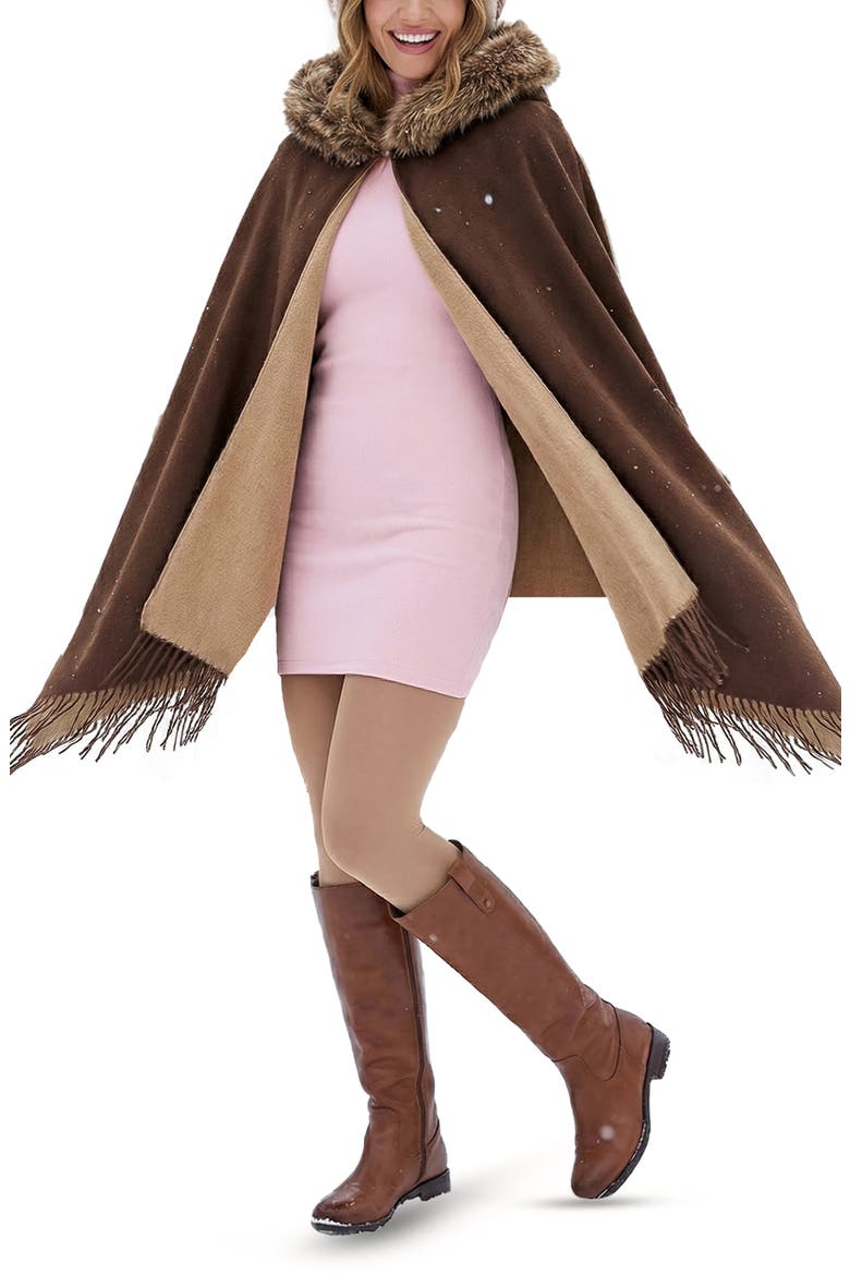Faux Fur Trim Hooded Scarf, Main, color, BROWN