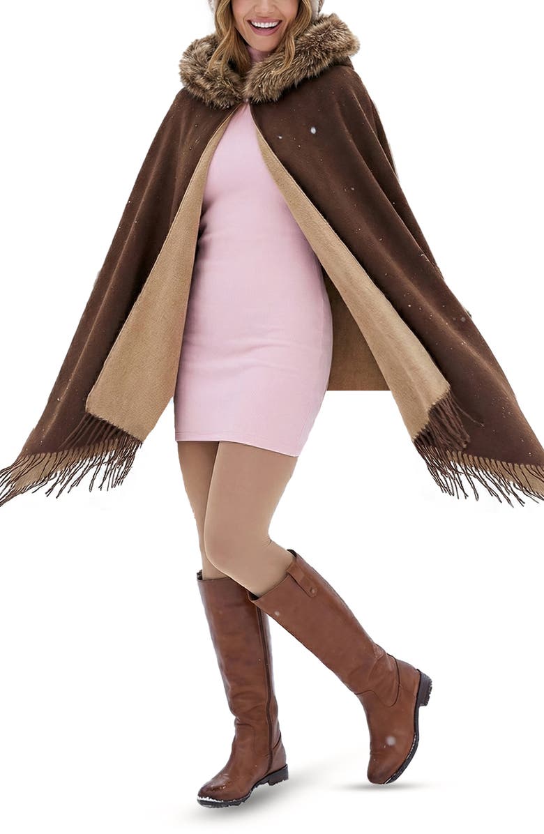 SAACHI Faux Fur Trim Hooded Scarf, Main, color, Brown
