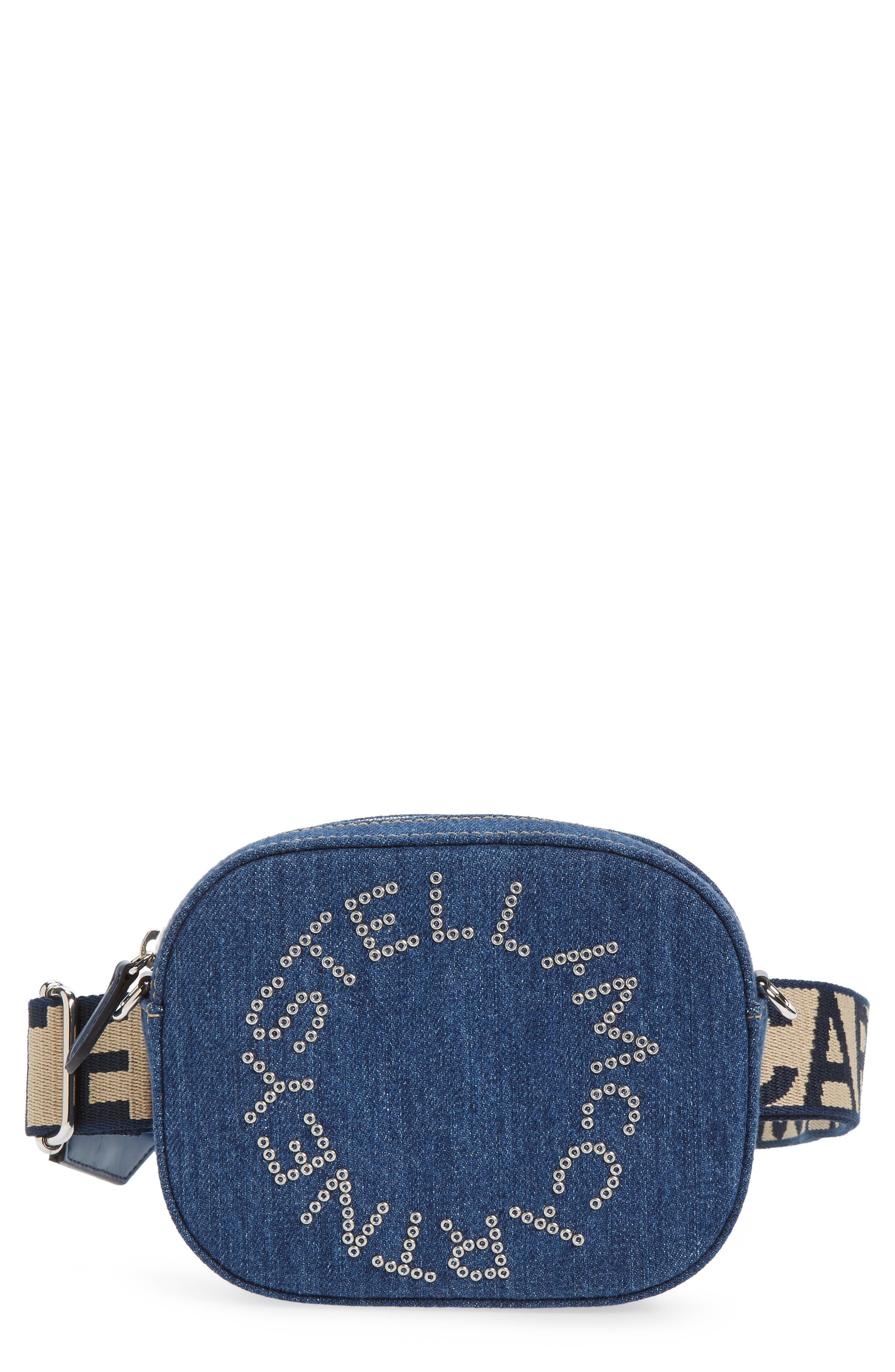 Stella McCartney Eco Studded Logo Organic Denim Belt Bag, Main, color, 