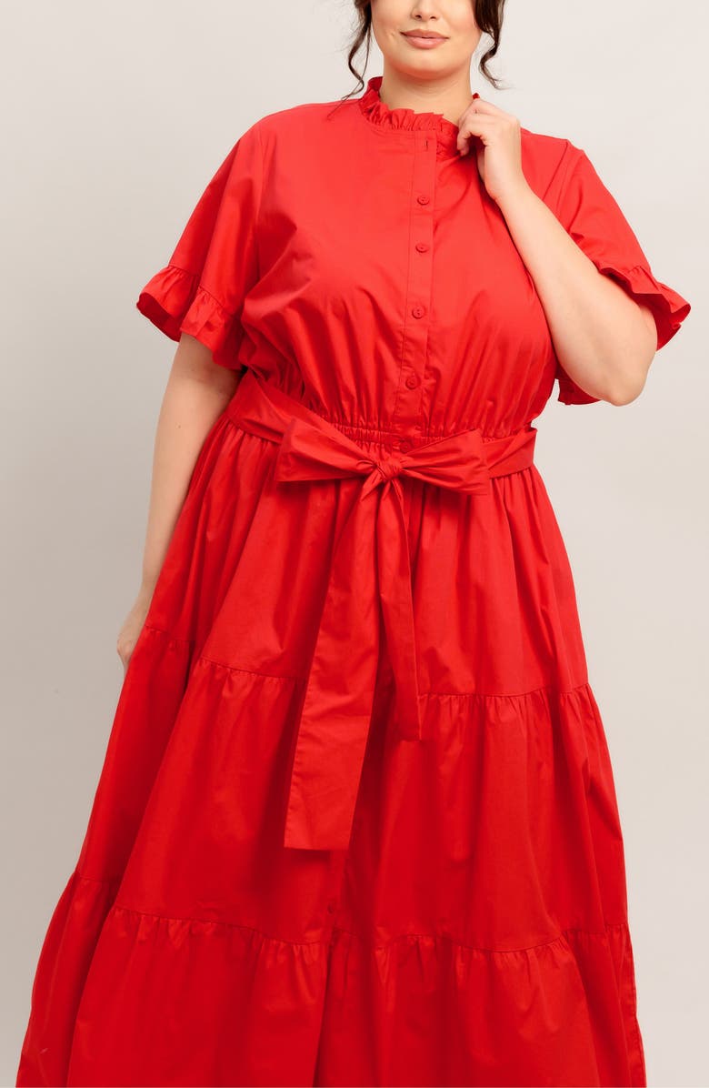 FLYING TOMATO Solid Ruffle Short Sleeve Tiered Cotton Dress, Alternate, color, Orange Red