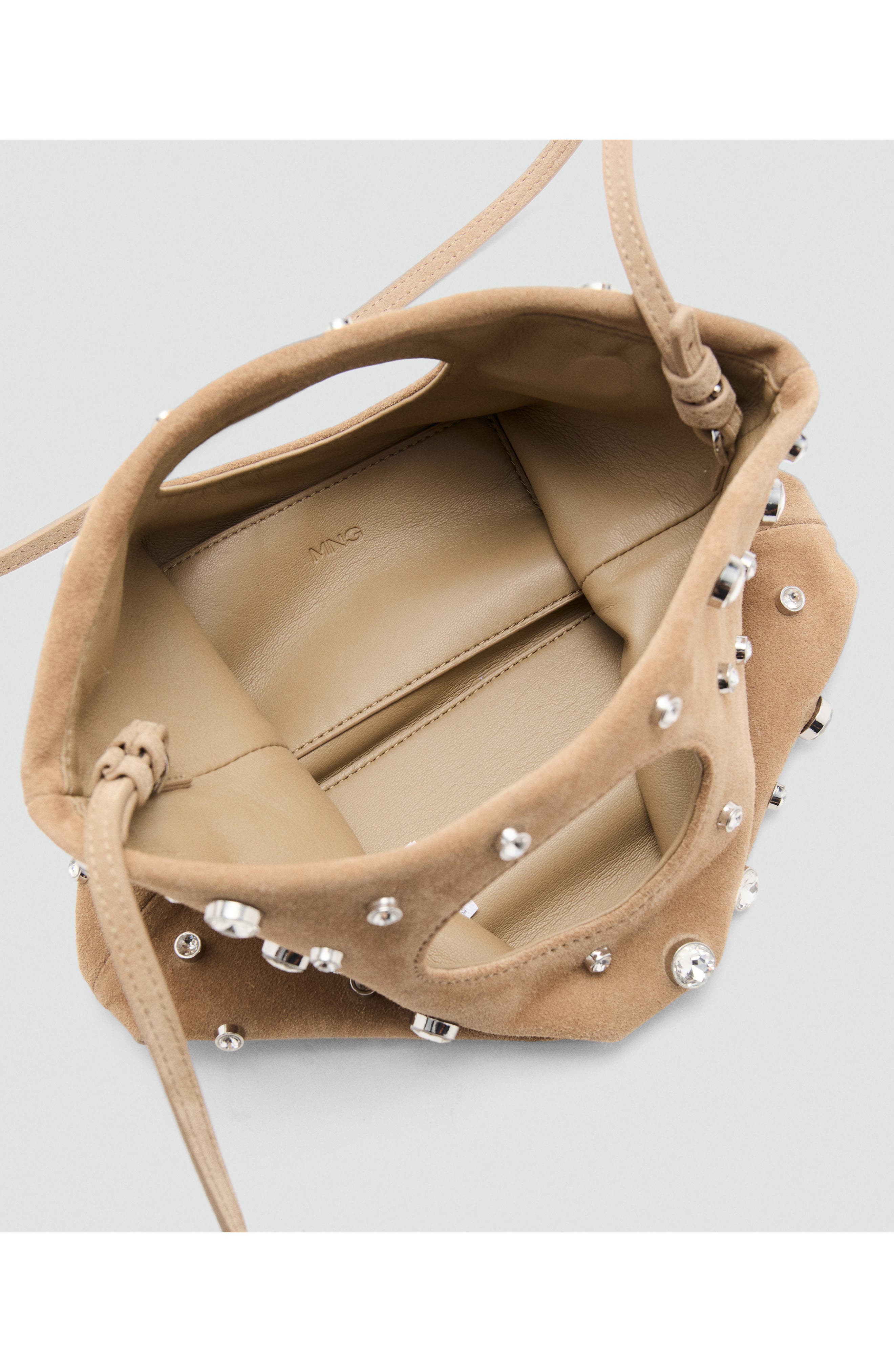 MANGO Suede Studded Top Handle Bag, Alternate, color, Beige