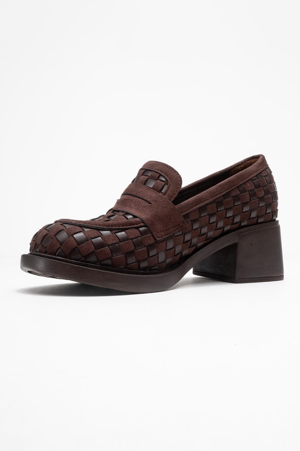 Prologue Shoes Marlon Woven Block Heel Loafer, Alternate, color, Brown Faux Leather