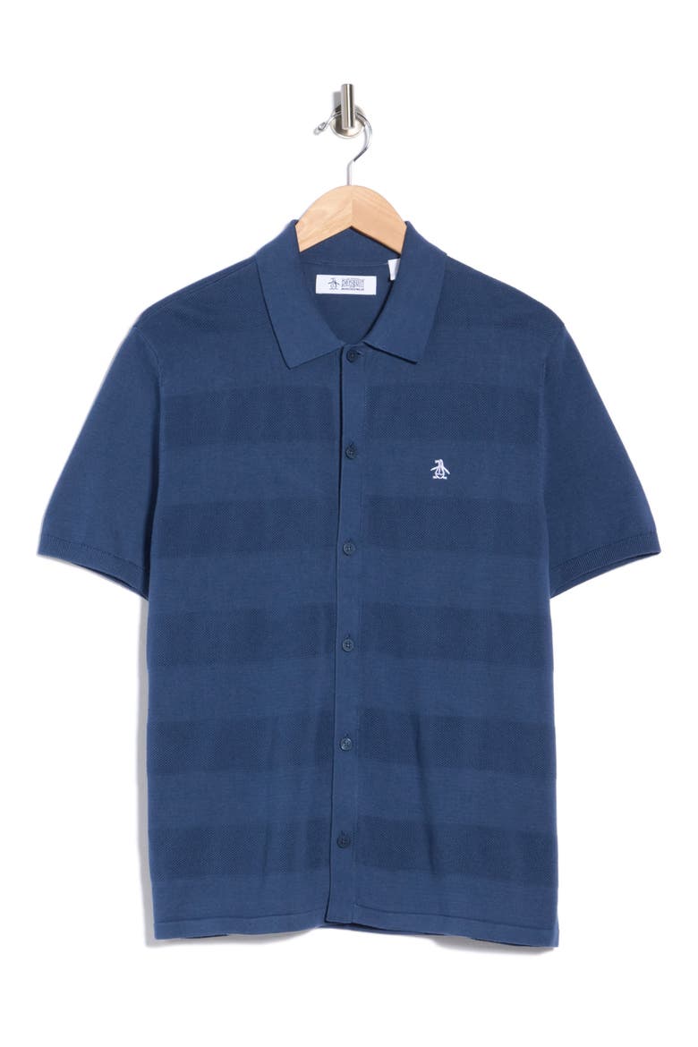 Honeycomb Stripe Cotton Polo Sweater, Alternate, color, SARGASSO SEA