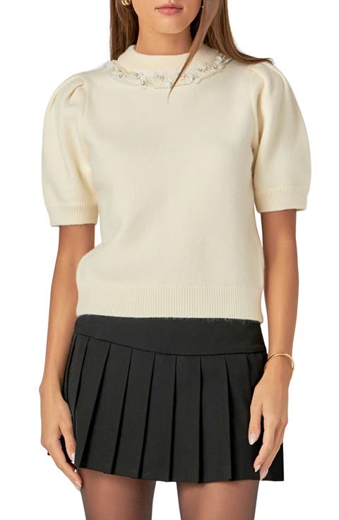 Embellished Puff Sleeve Sweater