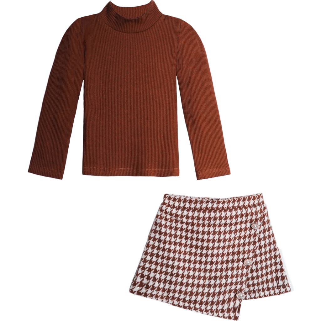 Mia Belle Girls Kids' Ready Turtleneck Top And Skort Set In Brown
