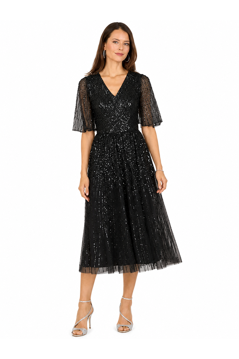 Flowing, Sequin Midi Dress with Short Sleeves, Main, color, Black